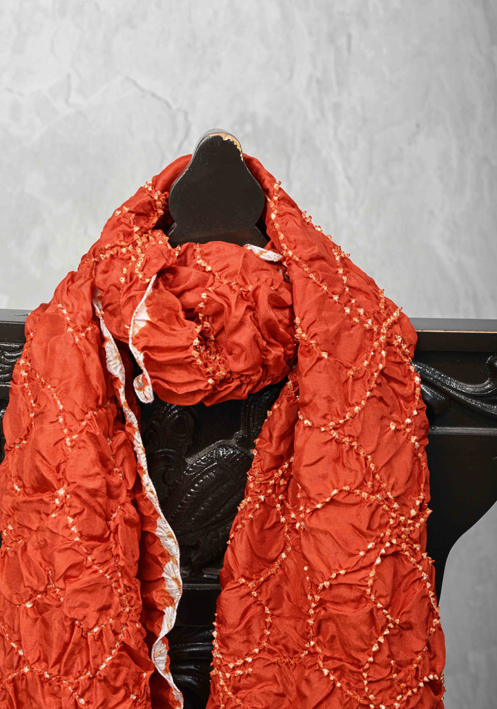 Burnt Orange Bandhni Habutai Silk Stole, Pure Silk