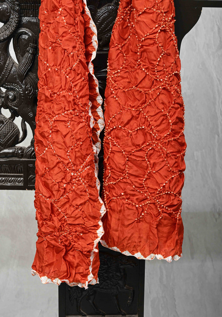Burnt Orange Bandhni Habutai Silk Stole, Pure Silk