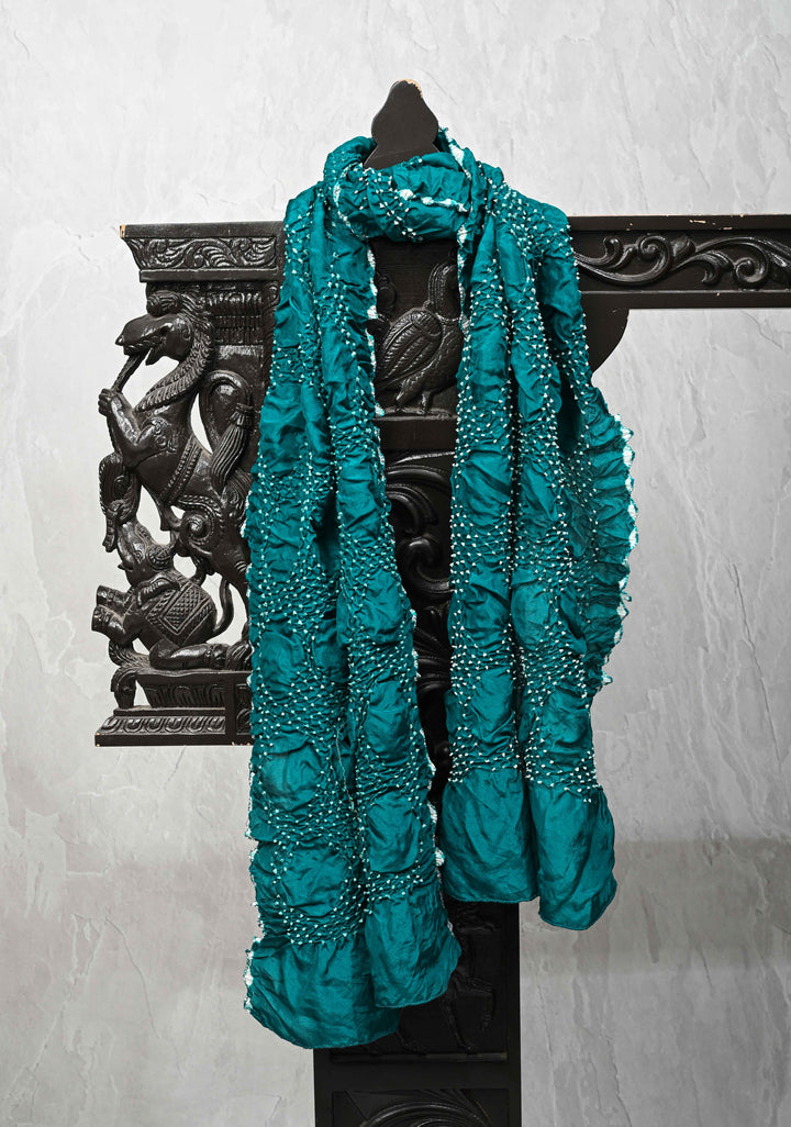 Teal Bandhni Habutai Silk Stole, Pure Silk, SILK MARK CERTIFIED