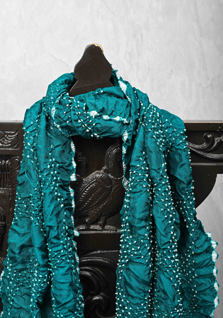 Teal Bandhni Habutai Silk Stole, Pure Silk, SILK MARK CERTIFIED