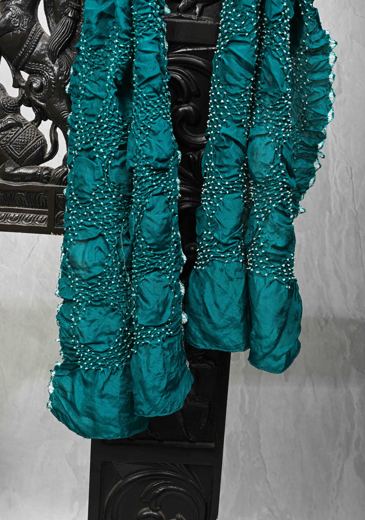 Teal Bandhni Habutai Silk Stole, Pure Silk, SILK MARK CERTIFIED