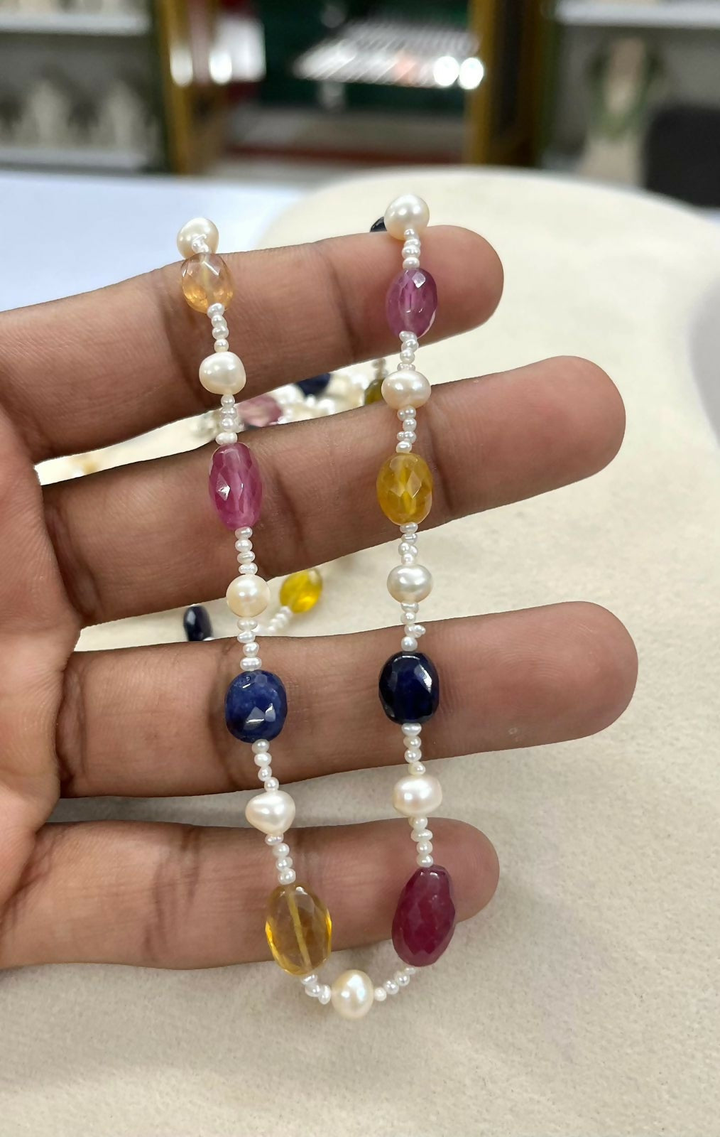 Navratna-Multi-Sapphire, Ruby, and Pearl Mala Necklace | SHOBITAM