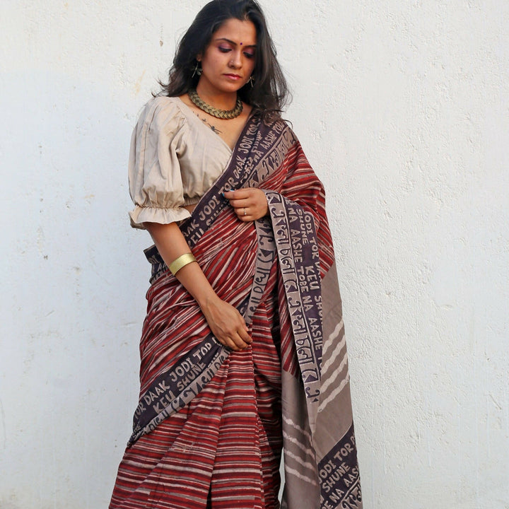 Shayra Dabu Block printed Ekla cholo Saree | SHOBITAM