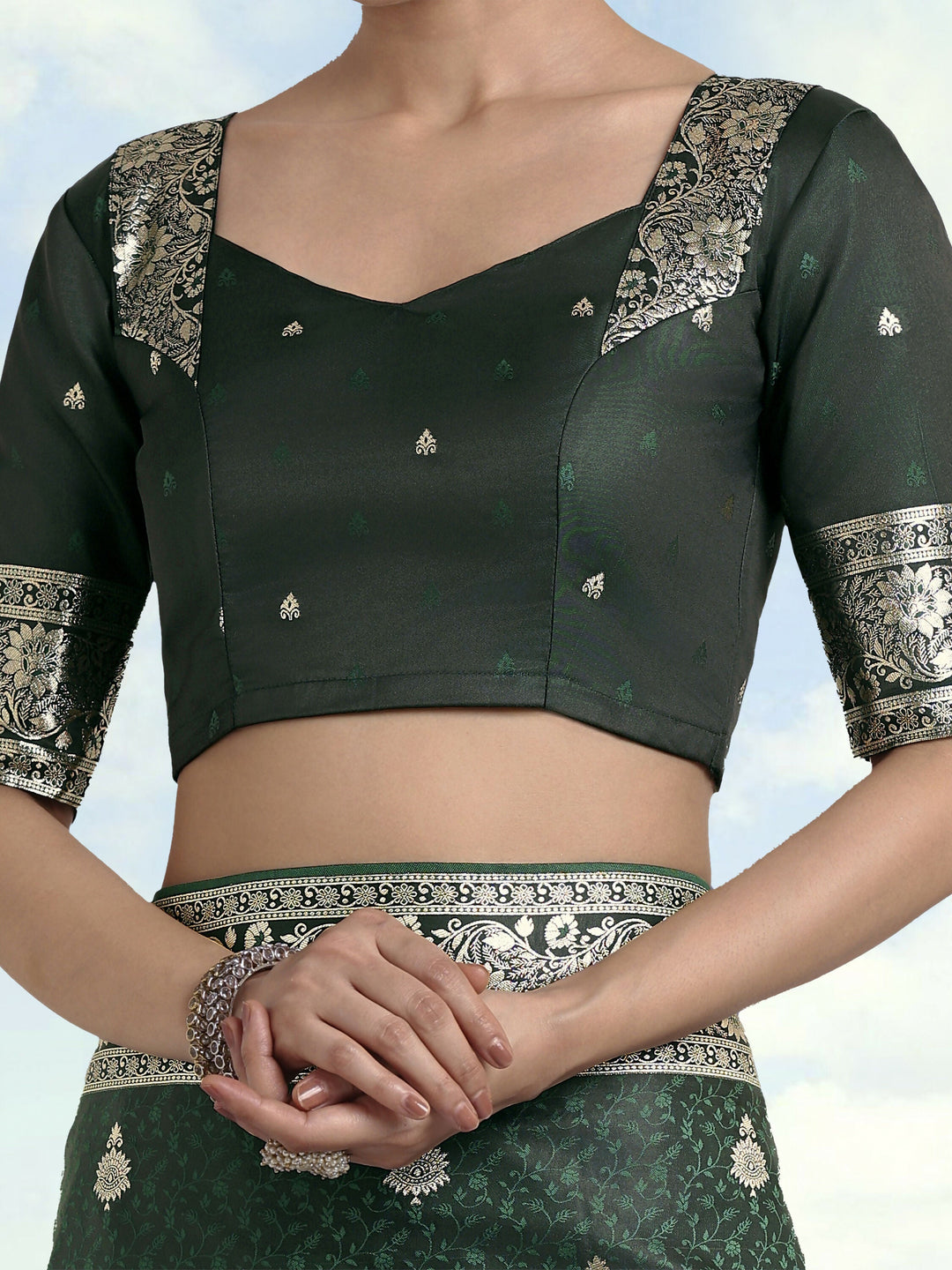 Dark Green Banarasi Satin Silk Saree | SHOBITAM
