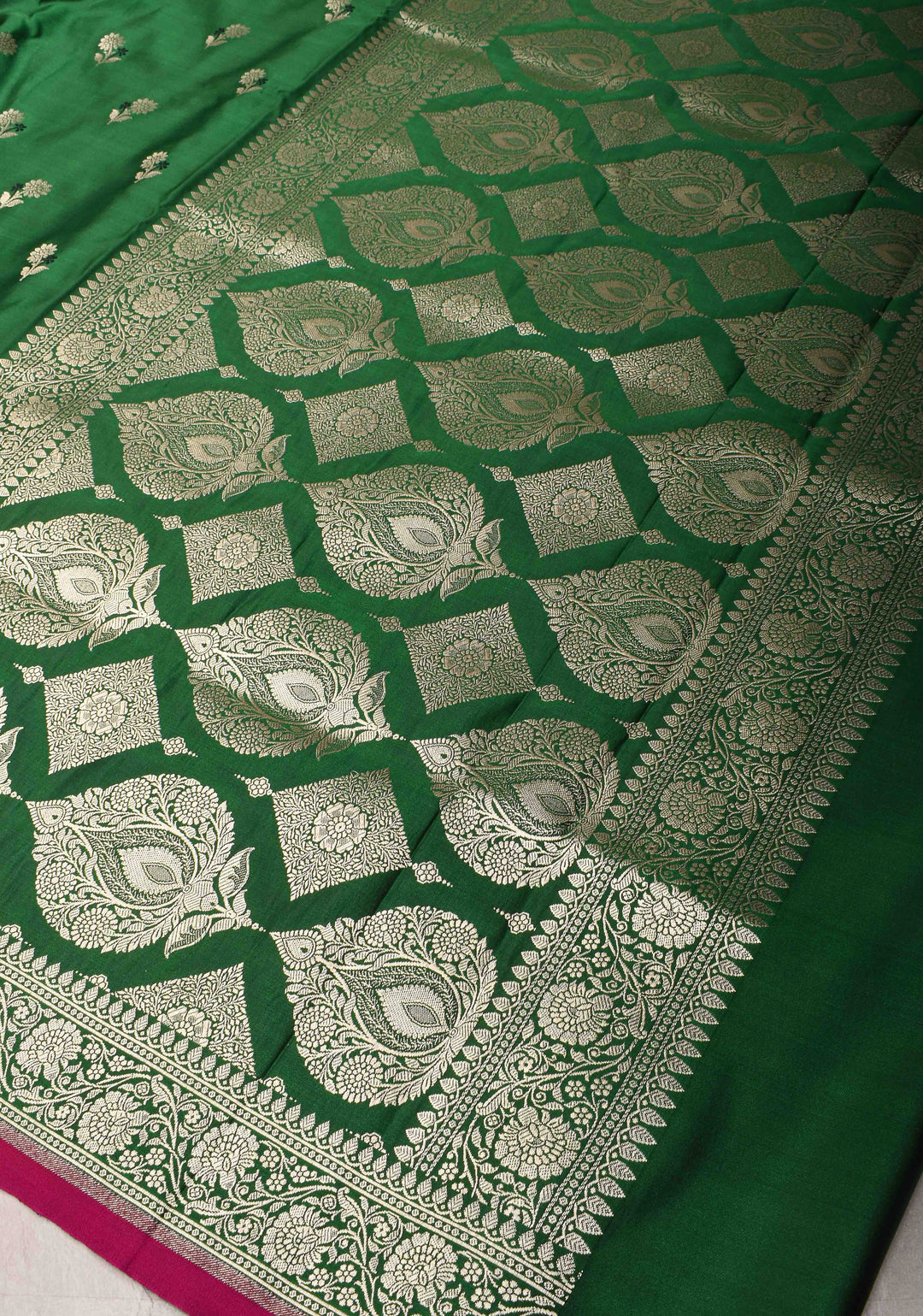 Green Semi Mashru Silk Saree with Meenakari Floral Zari Buttas and Zari border