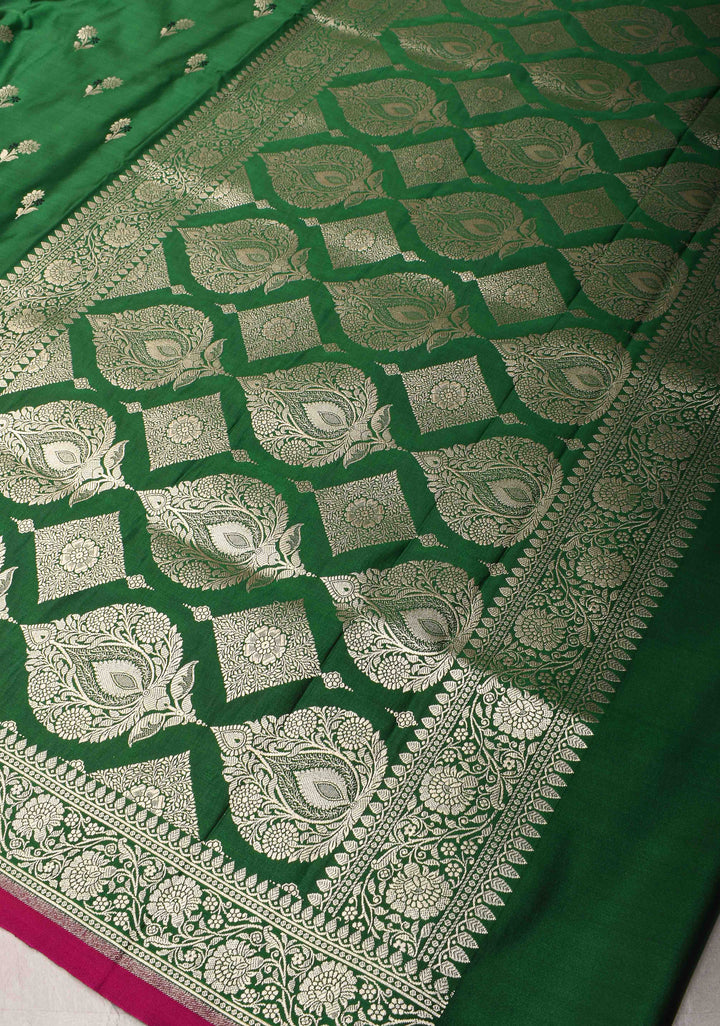 Green Semi Mashru Silk Saree with Meenakari Floral Zari Buttas and Zari border