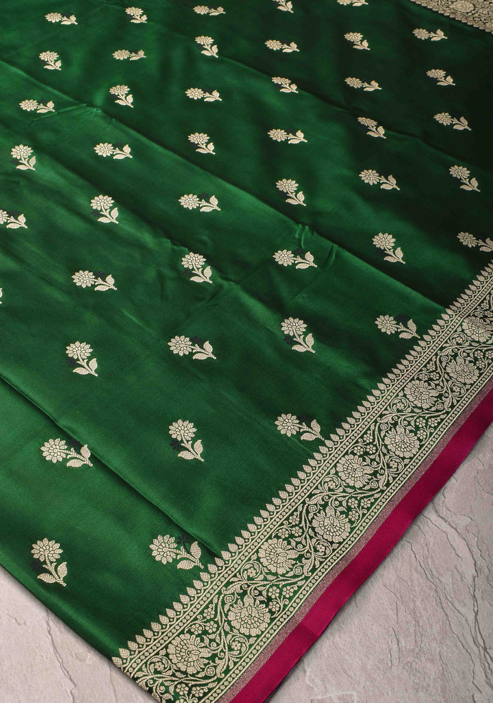 Green Semi Mashru Silk Saree with Meenakari Floral Zari Buttas and Zari border