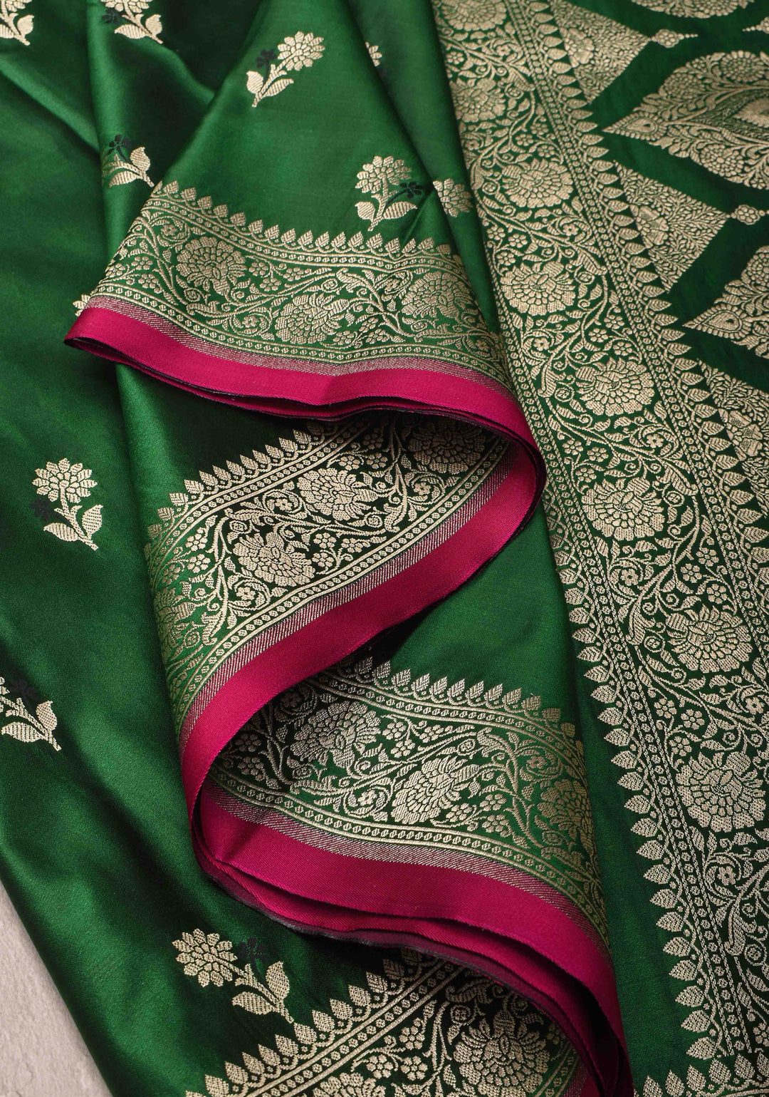 Green Semi Mashru Silk Saree with Meenakari Floral Zari Buttas and Zari border
