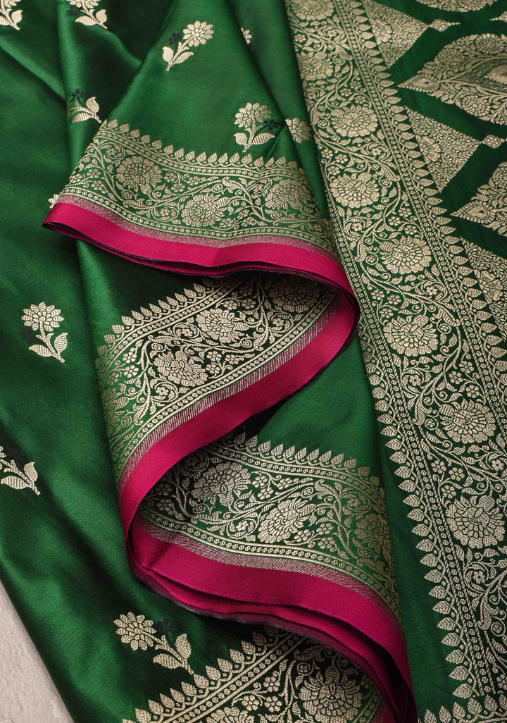 Green Semi Mashru Silk Saree with Meenakari Floral Zari Buttas and Zari border