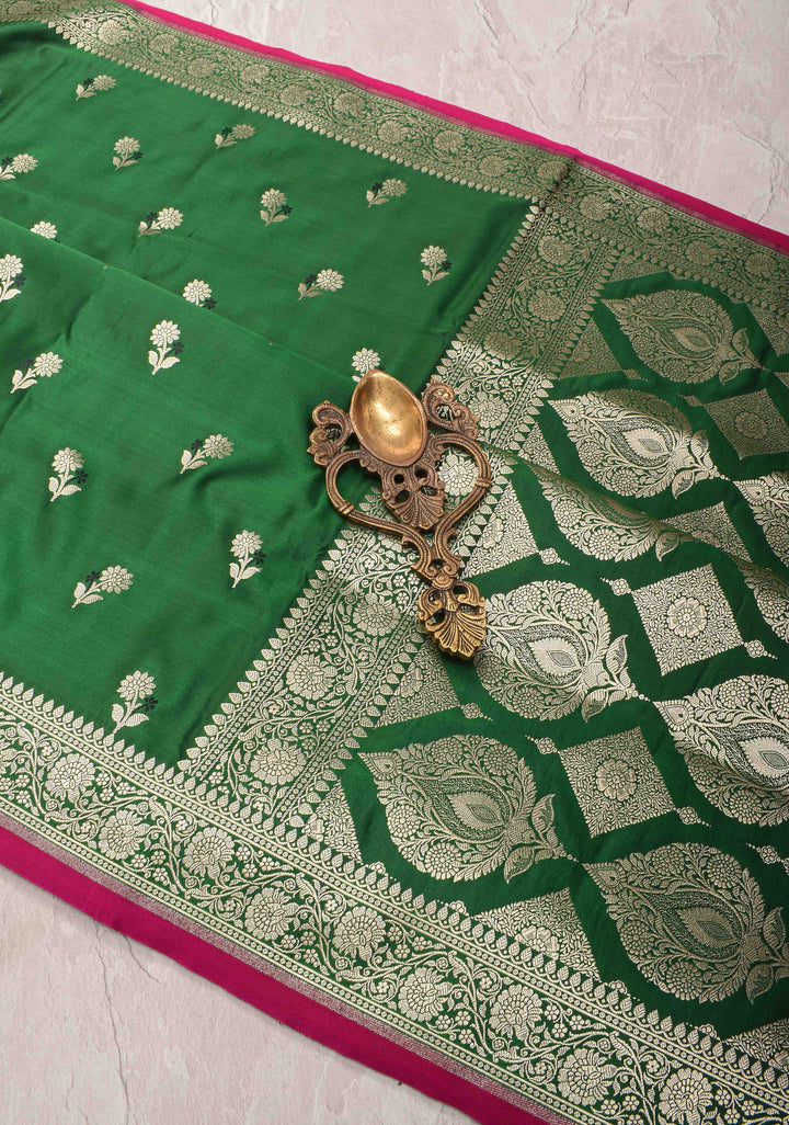 Green Semi Mashru Silk Saree with Meenakari Floral Zari Buttas and Zari border