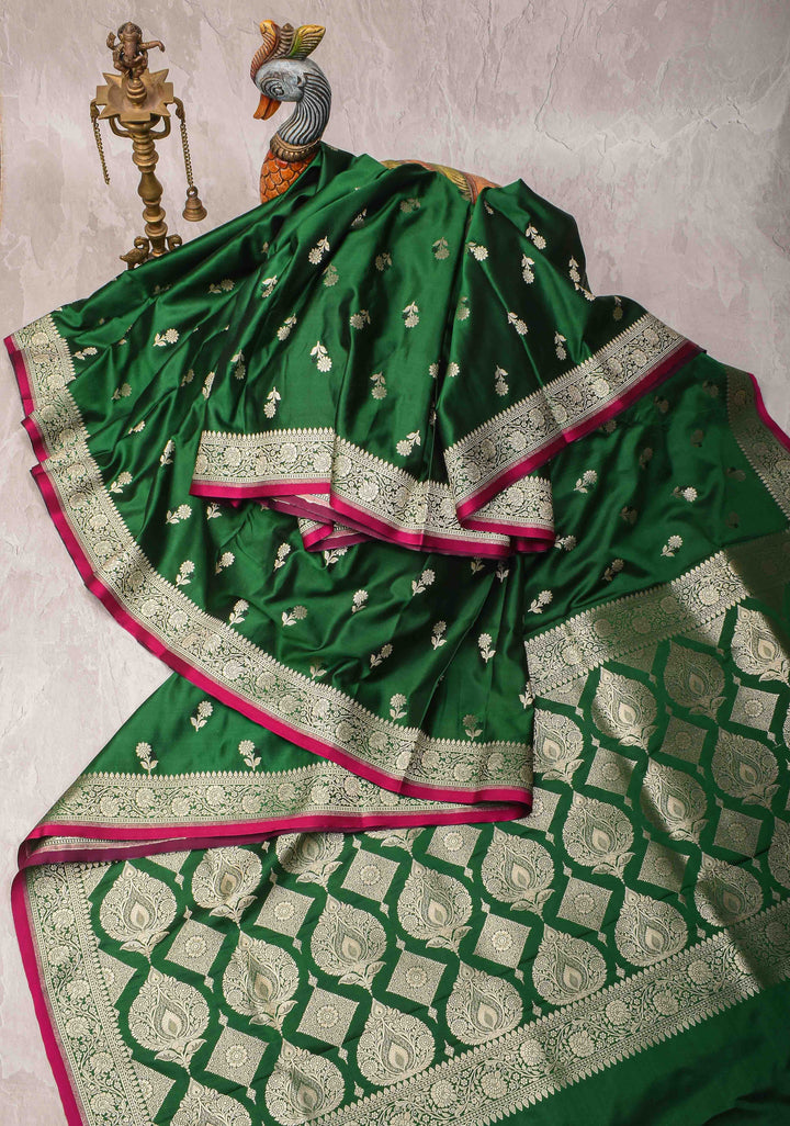 Green Semi Mashru Silk Saree with Meenakari Floral Zari Buttas and Zari border
