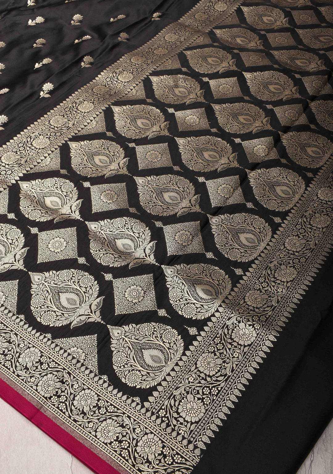Black Semi Mashru Silk Saree with Floral Zari Buttas and Zari border