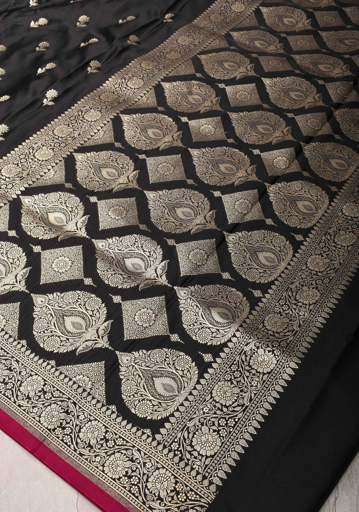 Black Semi Mashru Silk Saree with Floral Zari Buttas and Zari border