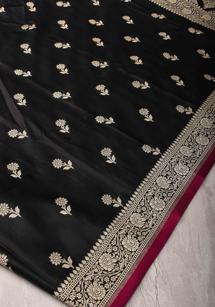 Black Semi Mashru Silk Saree with Floral Zari Buttas and Zari border