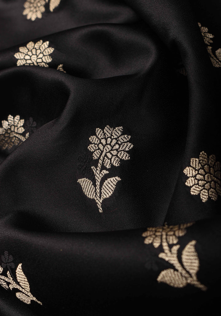 Black Semi Mashru Silk Saree with Floral Zari Buttas and Zari border