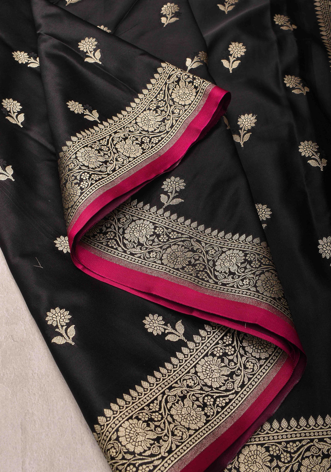 Black Semi Mashru Silk Saree with Floral Zari Buttas and Zari border