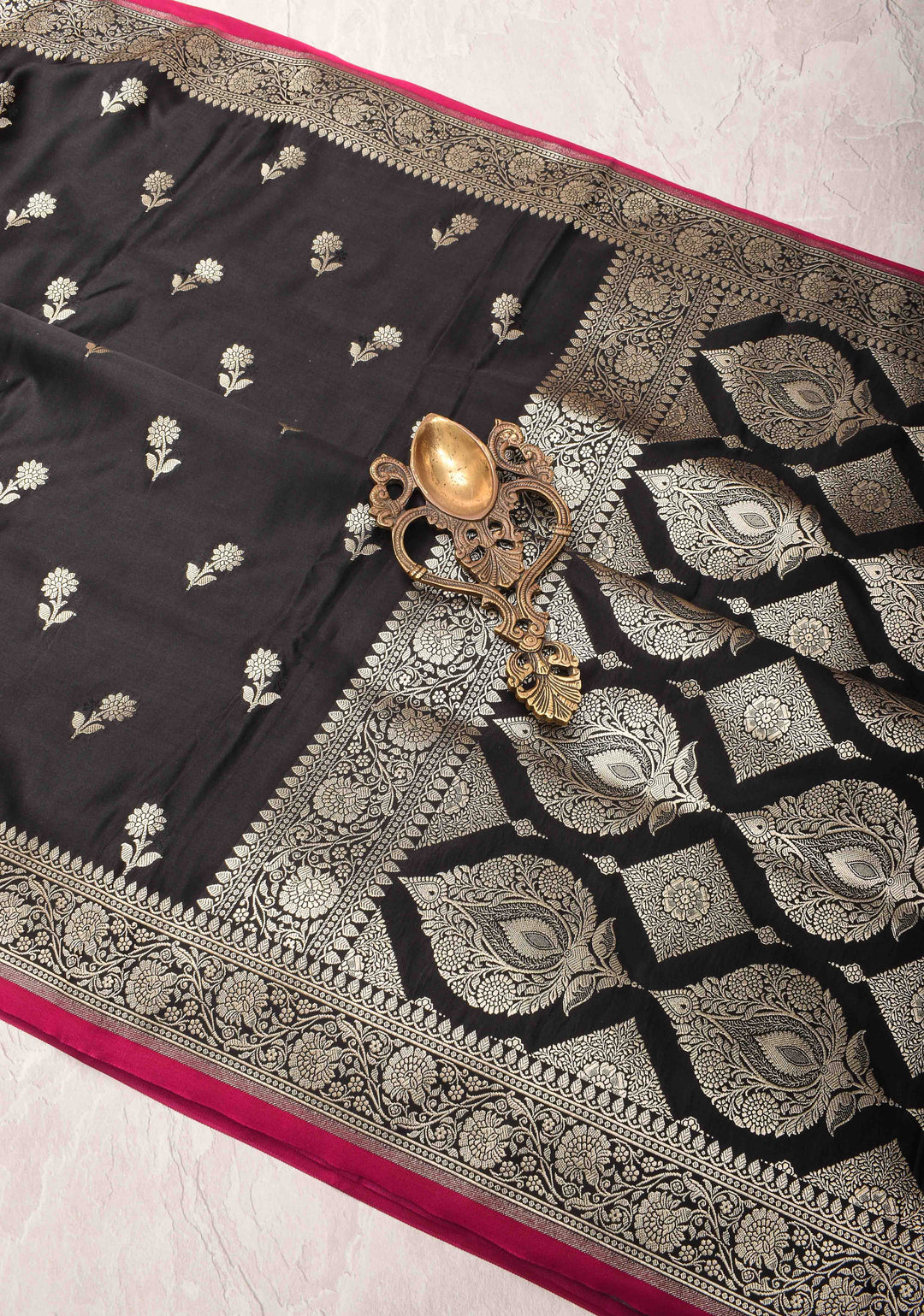 Black Semi Mashru Silk Saree with Floral Zari Buttas and Zari border