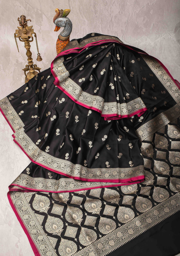 Black Semi Mashru Silk Saree with Floral Zari Buttas and Zari border