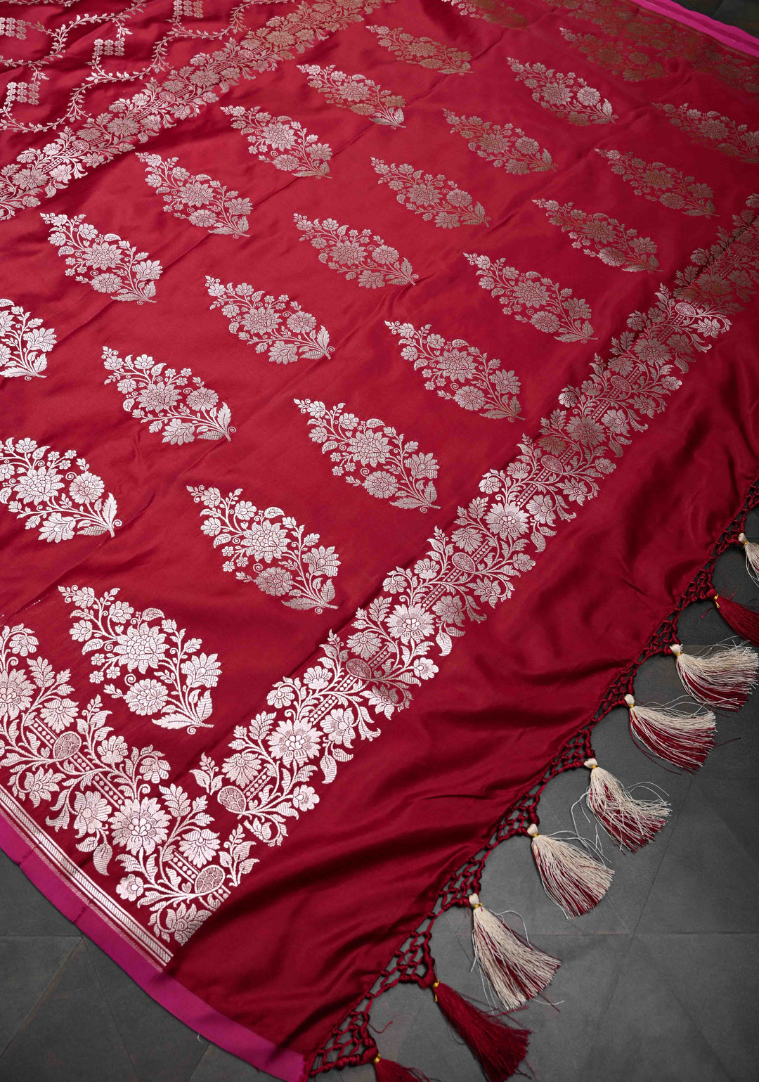 Brick Red Banarasi  Semi Mashru Silk Saree with Floral Vine Jaal and Zari Border