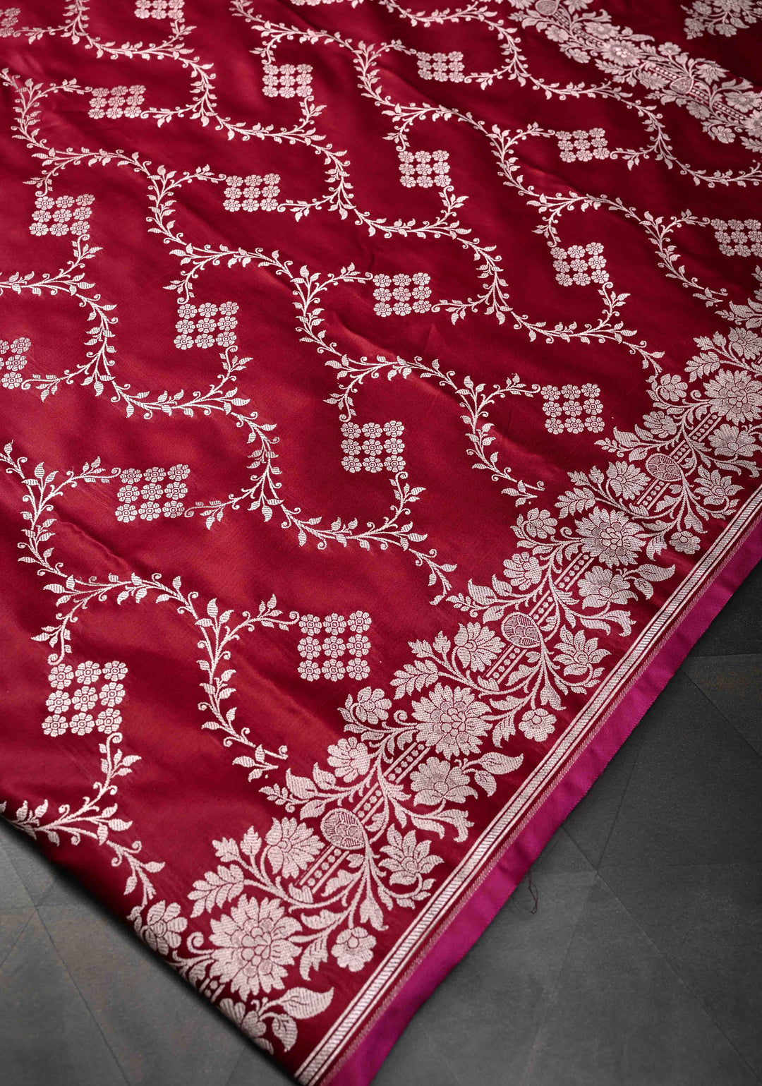 Brick Red Banarasi  Semi Mashru Silk Saree with Floral Vine Jaal and Zari Border