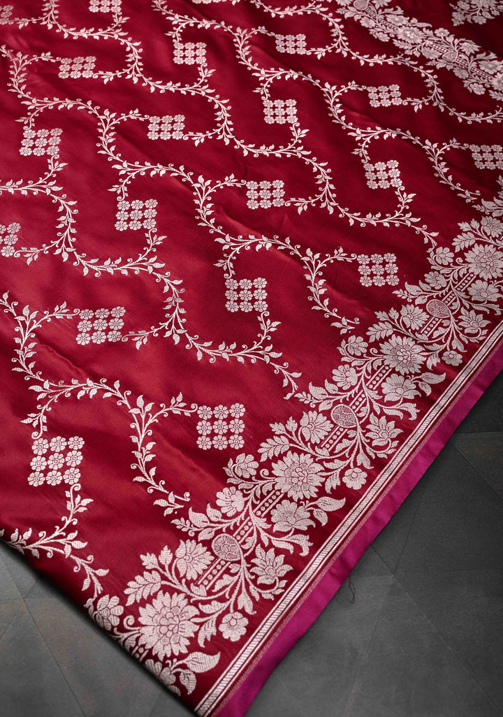 Brick Red Banarasi  Semi Mashru Silk Saree with Floral Vine Jaal and Zari Border