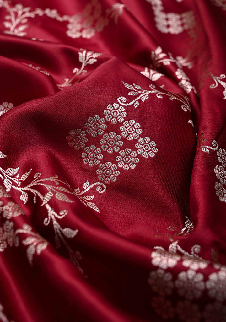 Brick Red Banarasi  Semi Mashru Silk Saree with Floral Vine Jaal and Zari Border