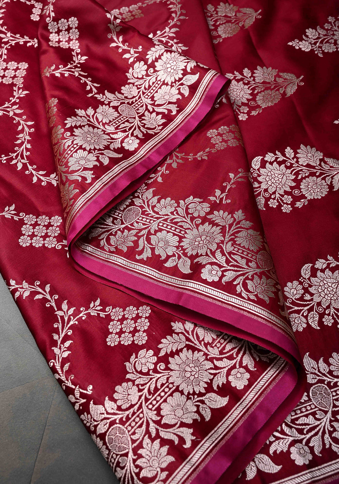 Brick Red Banarasi  Semi Mashru Silk Saree with Floral Vine Jaal and Zari Border