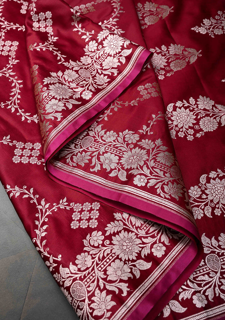 Brick Red Banarasi  Semi Mashru Silk Saree with Floral Vine Jaal and Zari Border