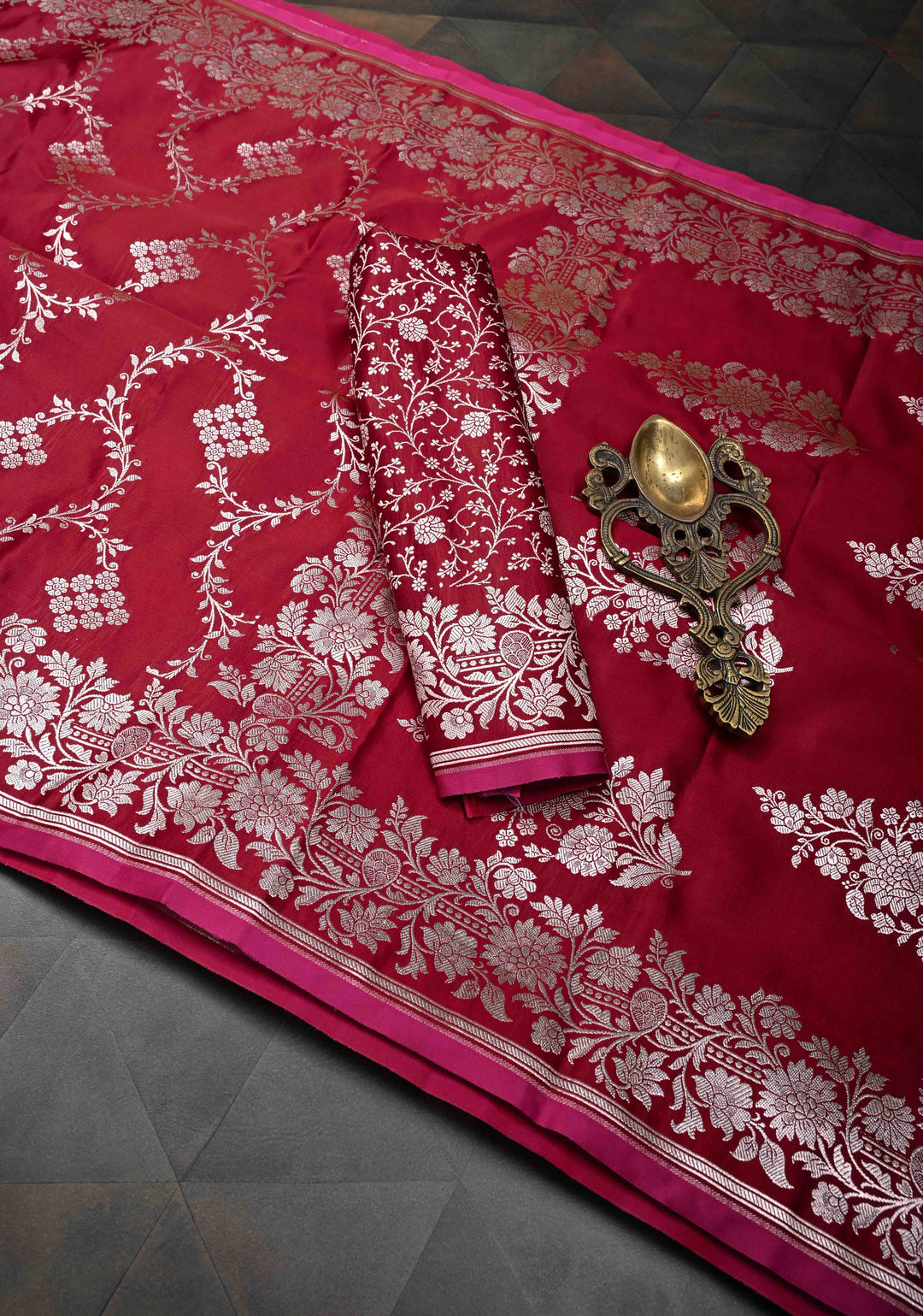 Brick Red Banarasi  Semi Mashru Silk Saree with Floral Vine Jaal and Zari Border