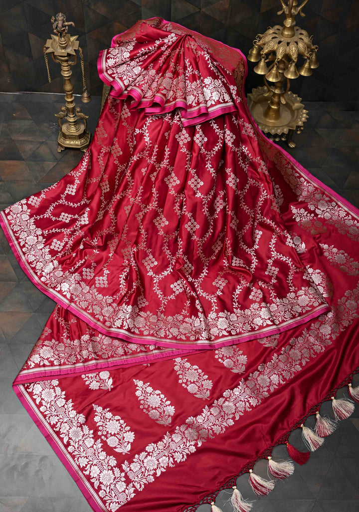 Brick Red Banarasi  Semi Mashru Silk Saree with Floral Vine Jaal and Zari Border