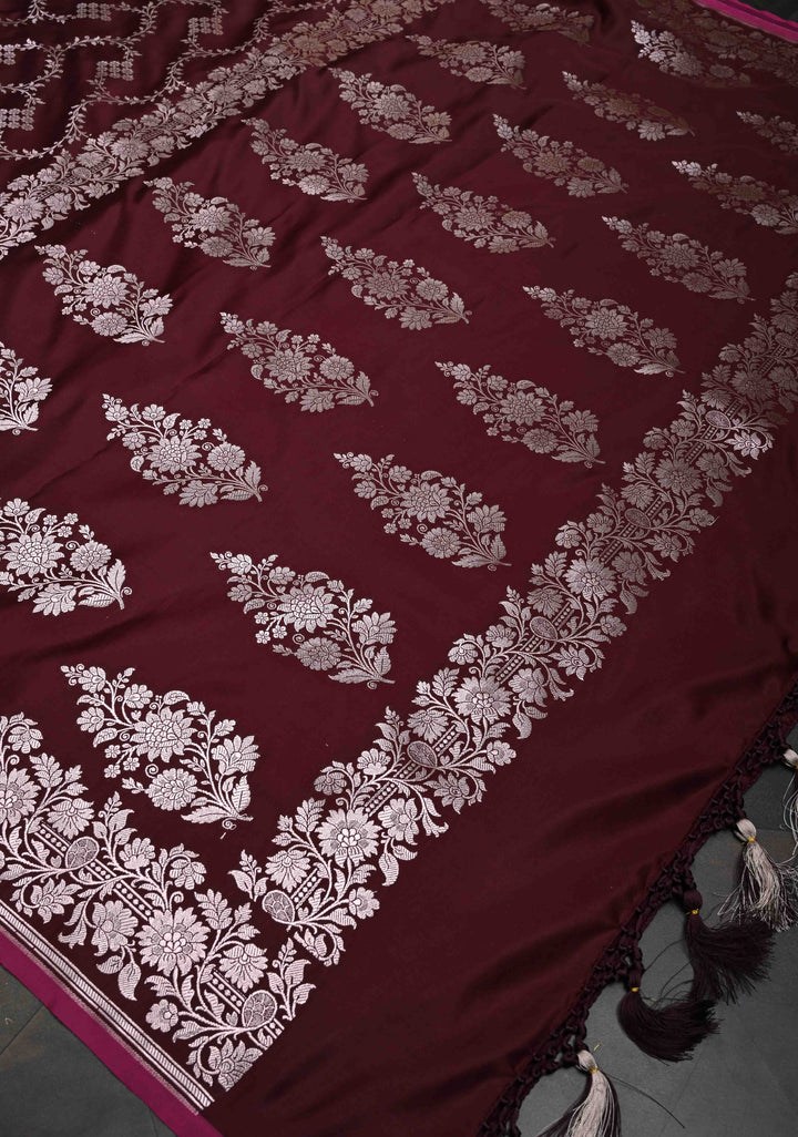 Dark Maroon Banarasi Semi Mashru Silk Saree with Floral Jaal and Zari Border