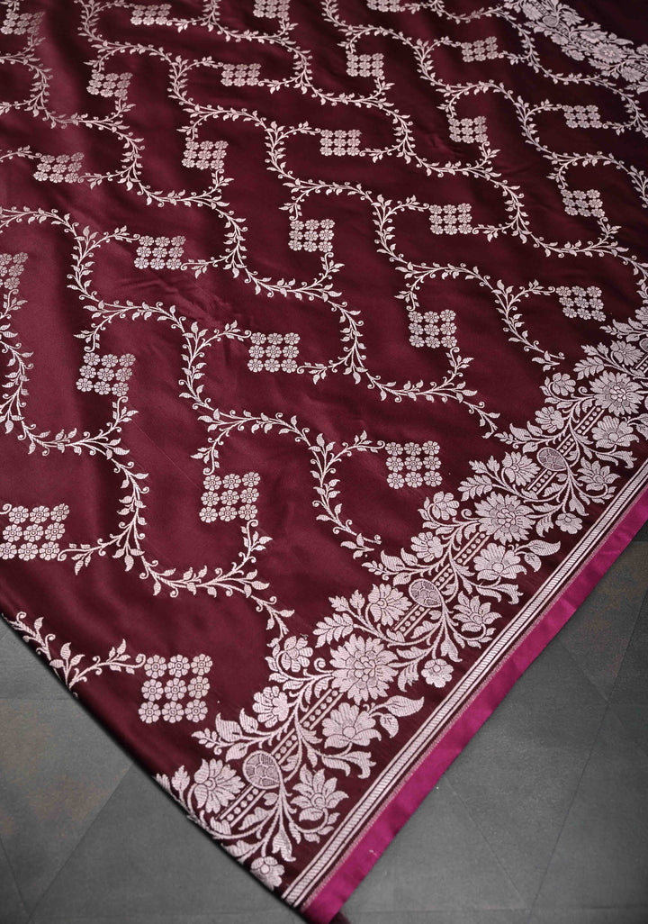 Dark Maroon Banarasi Semi Mashru Silk Saree with Floral Jaal and Zari Border