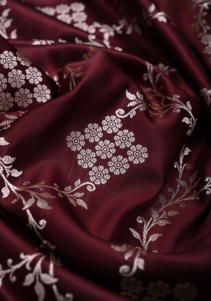 Dark Maroon Banarasi Semi Mashru Silk Saree with Floral Jaal and Zari Border