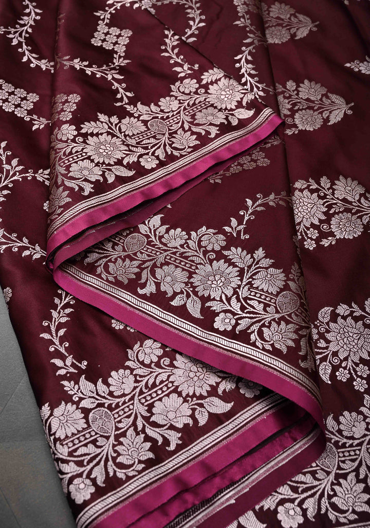 Dark Maroon Banarasi Semi Mashru Silk Saree with Floral Jaal and Zari Border