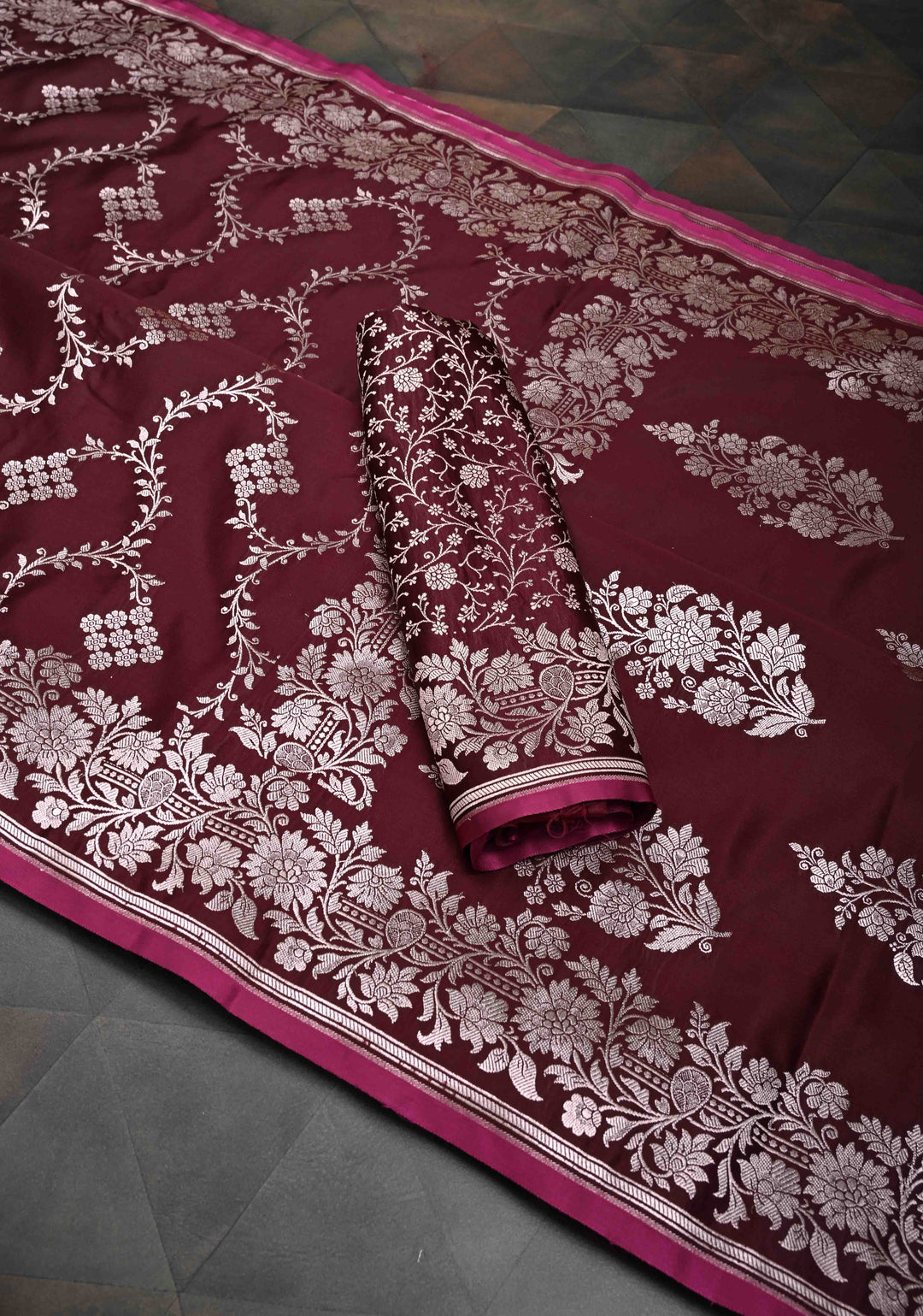 Dark Maroon Banarasi Semi Mashru Silk Saree with Floral Jaal and Zari Border