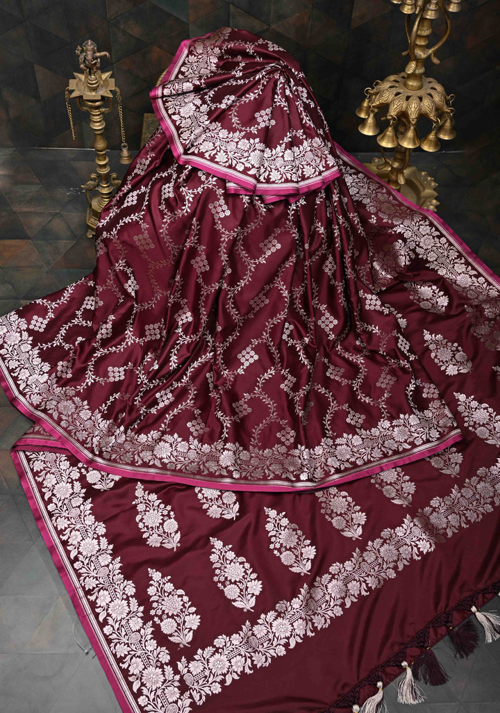 Dark Maroon Banarasi Semi Mashru Silk Saree with Floral Jaal and Zari Border
