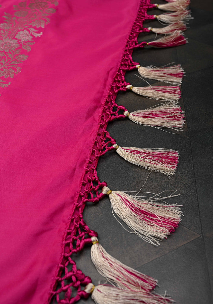 Pink  Banarasi Semi Mashru Silk Saree with Floral Vine Jaal and Zari Border