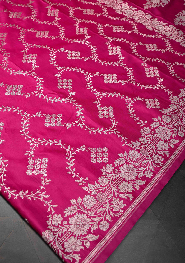 Pink  Banarasi Semi Mashru Silk Saree with Floral Vine Jaal and Zari Border