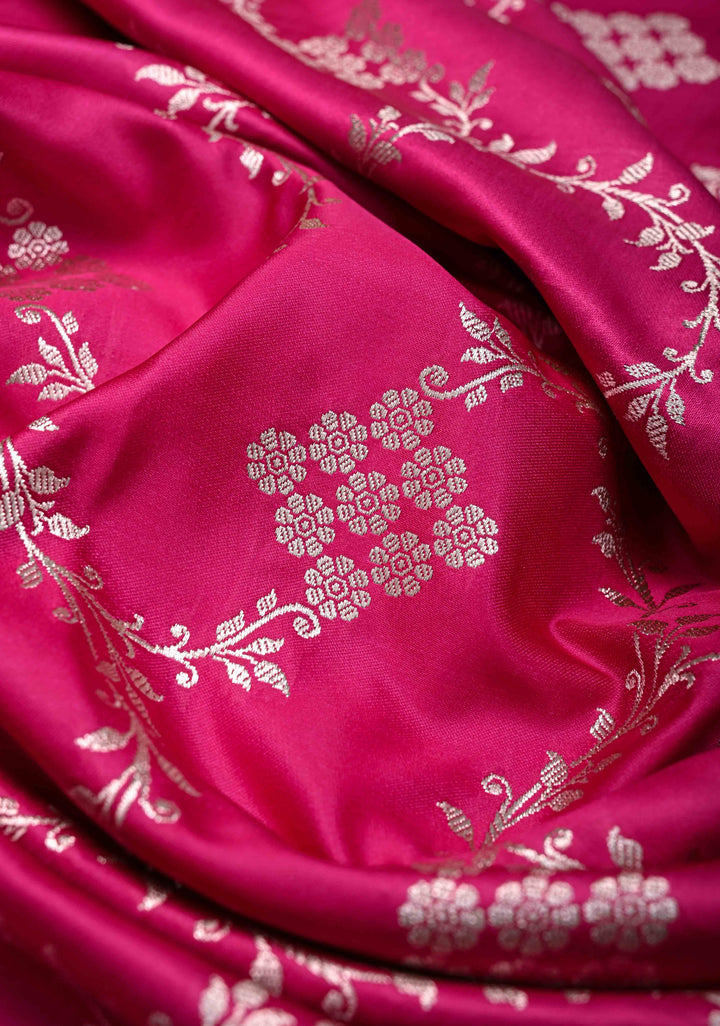 Pink  Banarasi Semi Mashru Silk Saree with Floral Vine Jaal and Zari Border