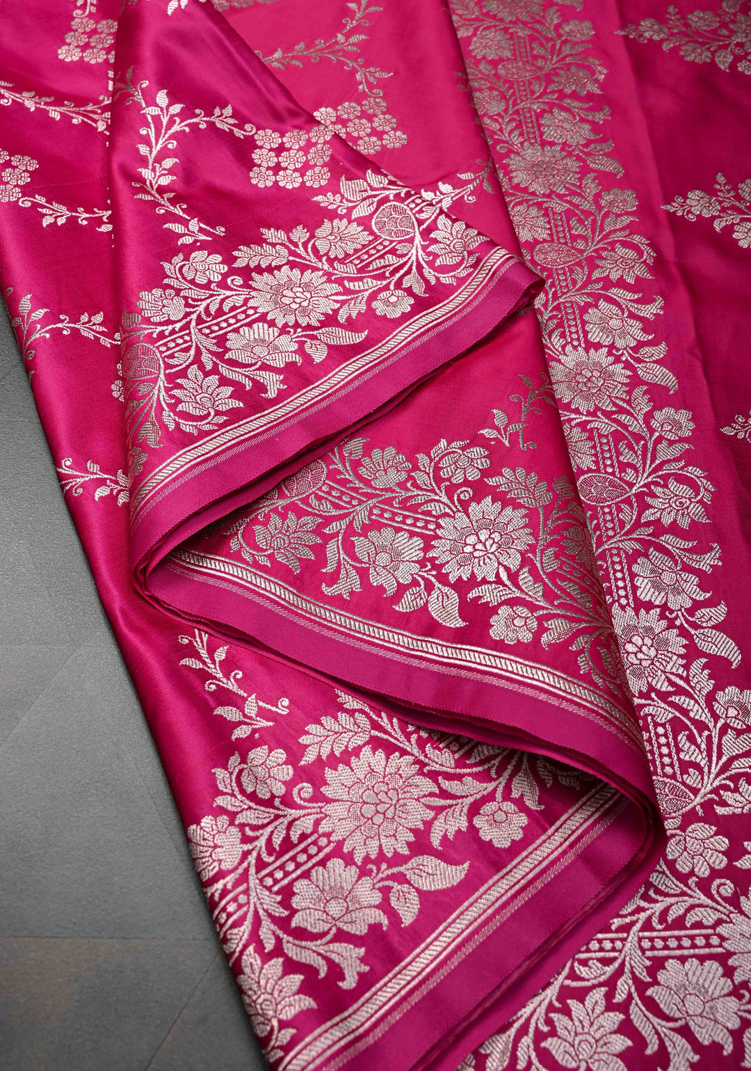 Pink  Banarasi Semi Mashru Silk Saree with Floral Vine Jaal and Zari Border