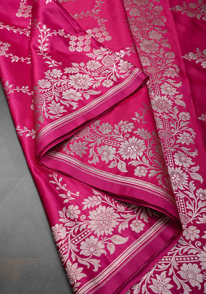 Pink  Banarasi Semi Mashru Silk Saree with Floral Vine Jaal and Zari Border