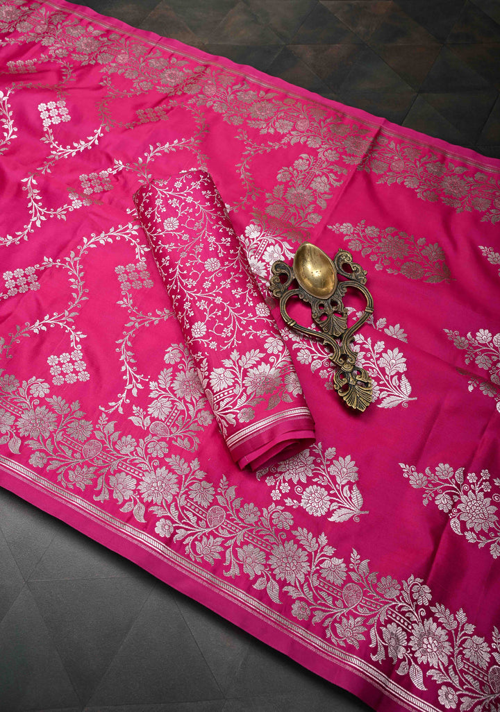Pink  Banarasi Semi Mashru Silk Saree with Floral Vine Jaal and Zari Border