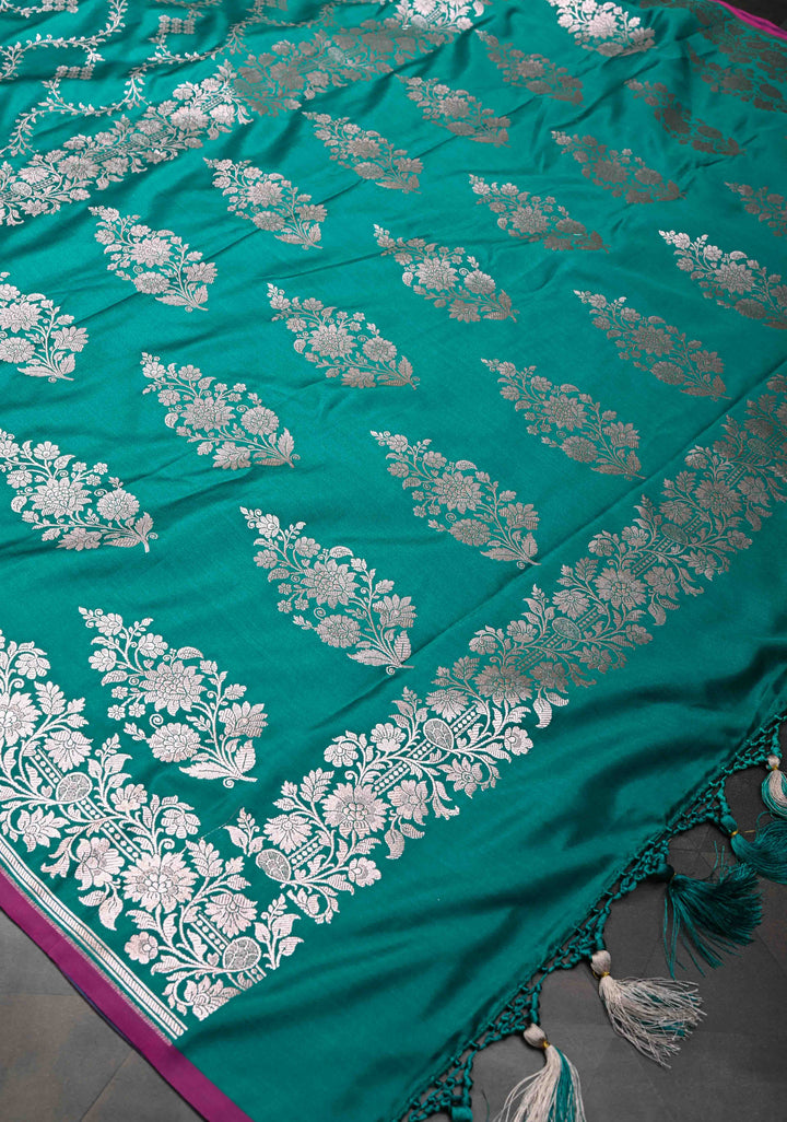 Sage Banarasi Semi Mashru Silk Saree with Floral Jaal and Zari Border