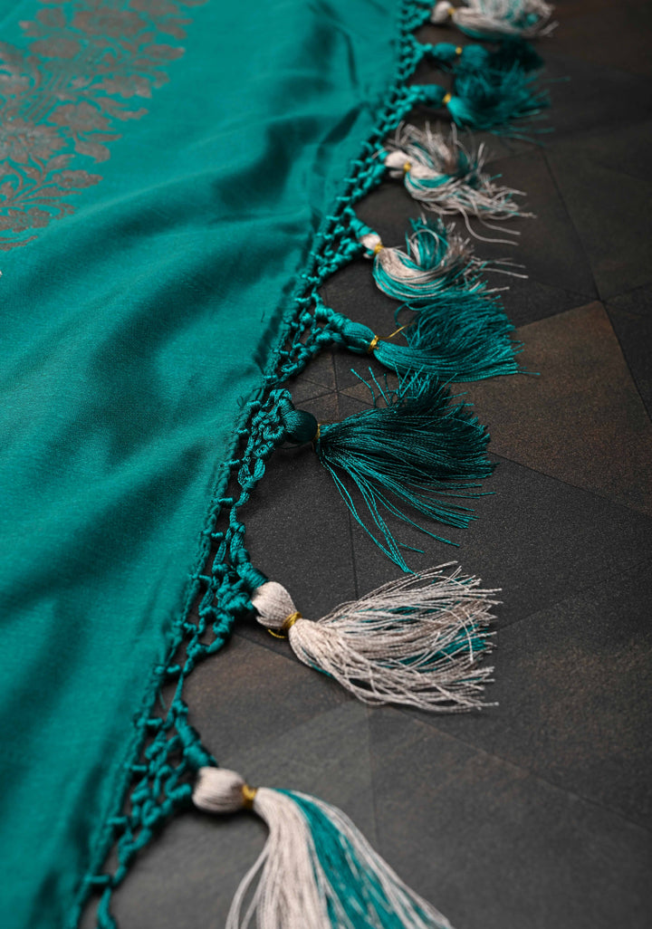 Sage Banarasi Semi Mashru Silk Saree with Floral Jaal and Zari Border