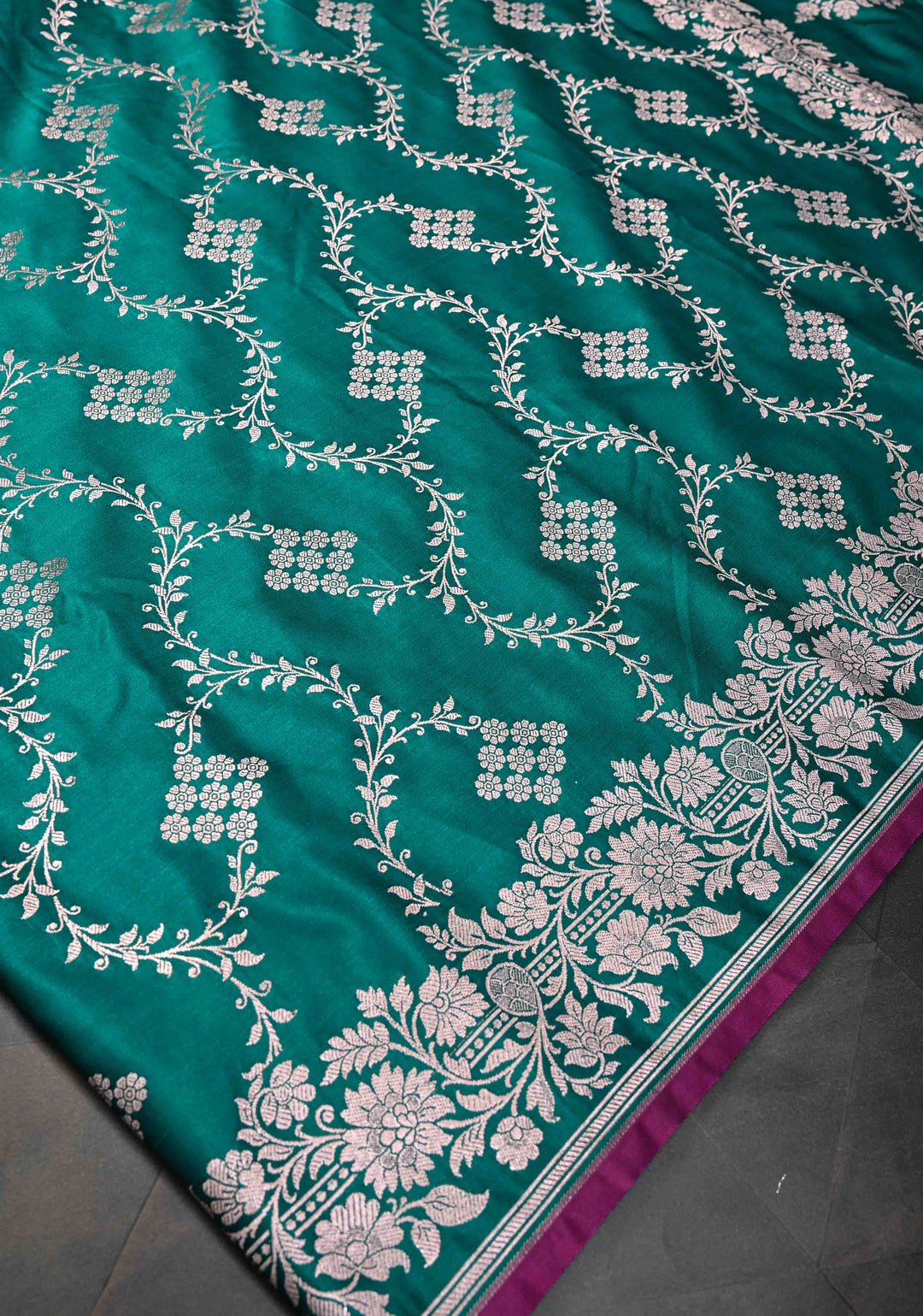 Sage Banarasi Semi Mashru Silk Saree with Floral Jaal and Zari Border