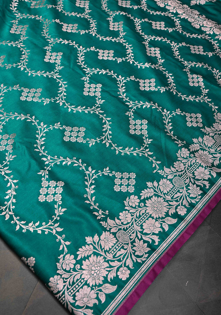 Sage Banarasi Semi Mashru Silk Saree with Floral Jaal and Zari Border