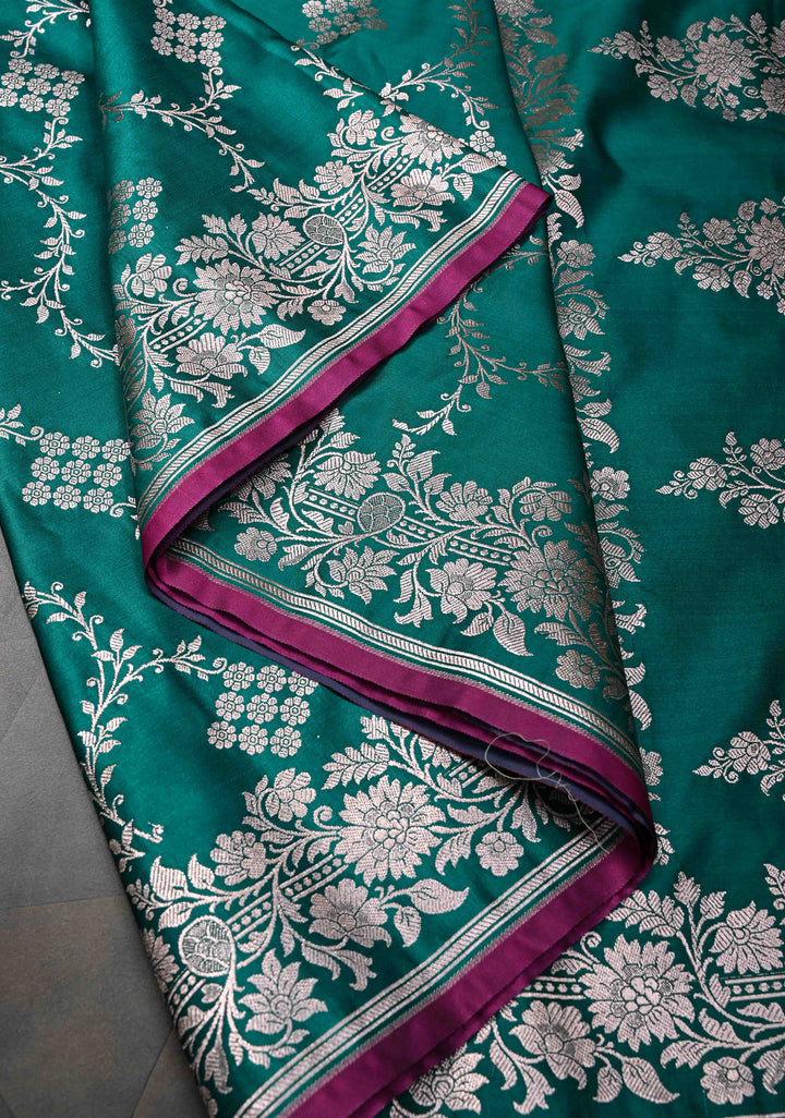 Sage Banarasi Semi Mashru Silk Saree with Floral Jaal and Zari Border