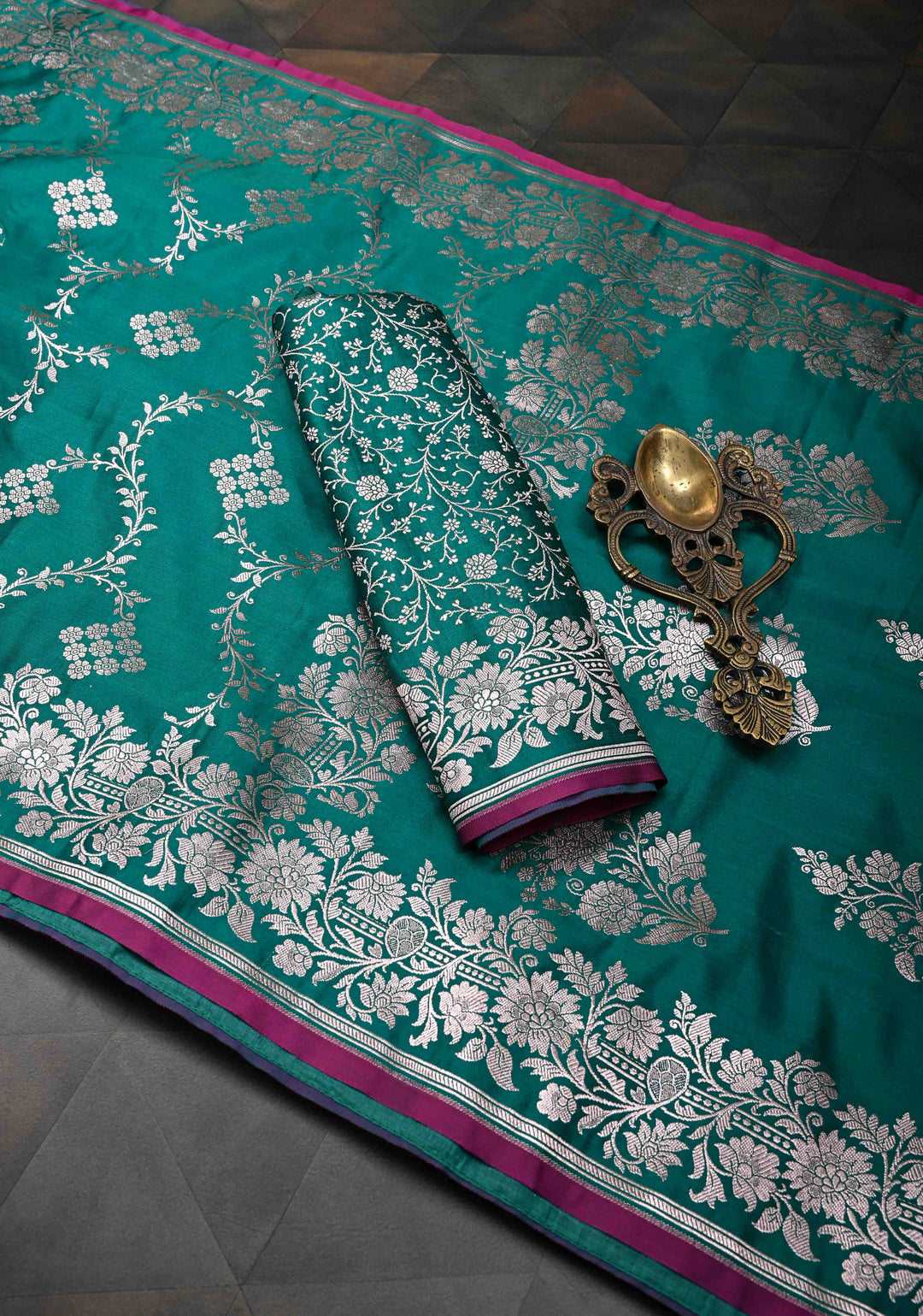Sage Banarasi Semi Mashru Silk Saree with Floral Jaal and Zari Border