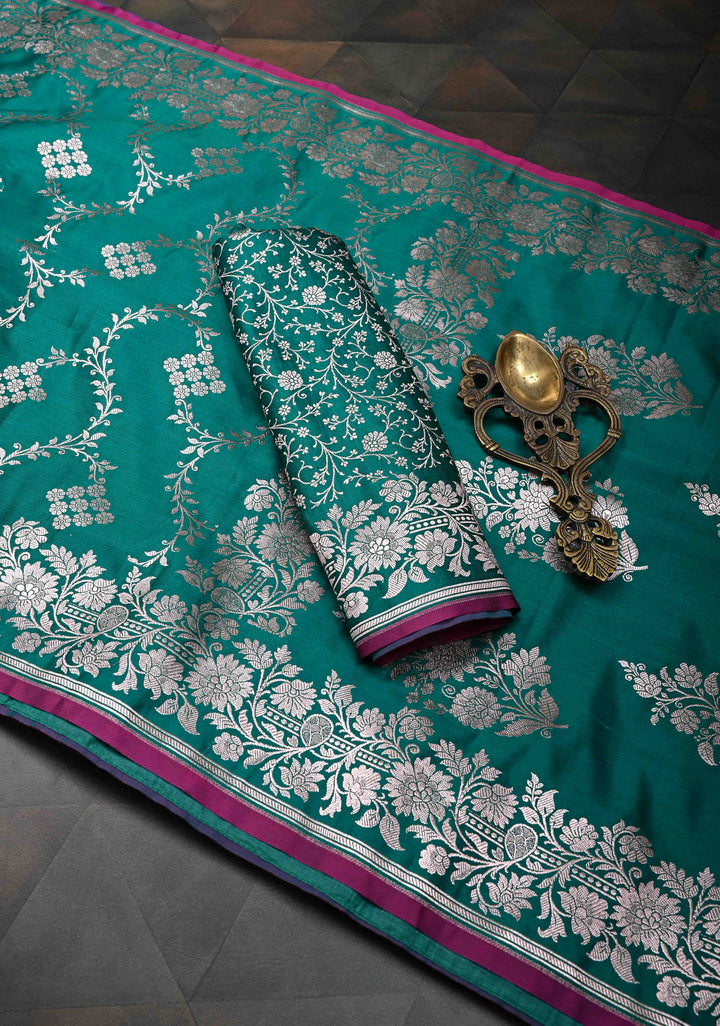 Sage Banarasi Semi Mashru Silk Saree with Floral Jaal and Zari Border