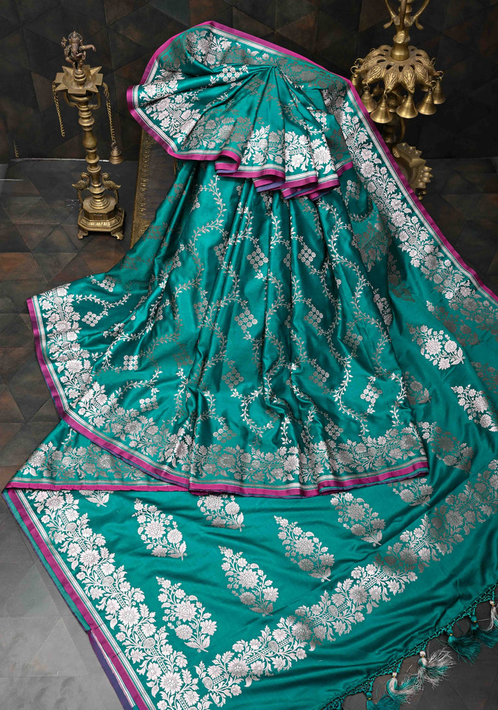 Sage Banarasi Semi Mashru Silk Saree with Floral Jaal and Zari Border